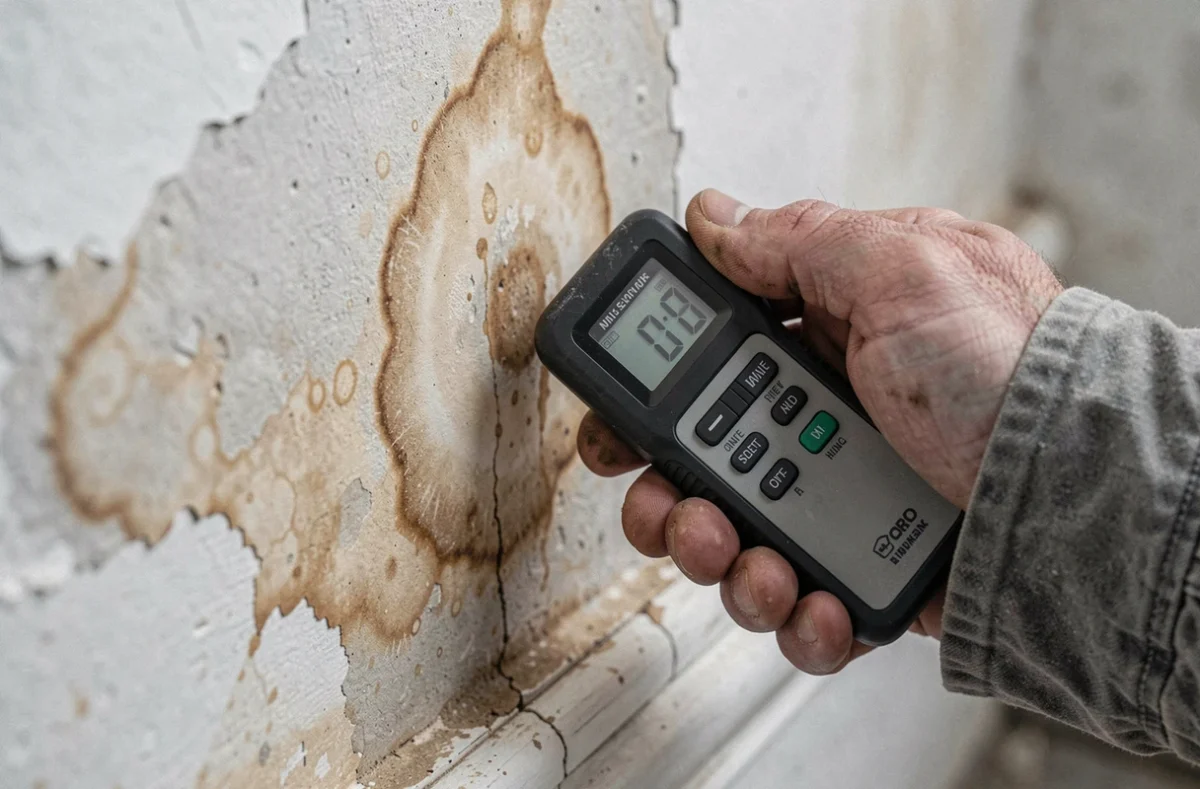 Gros plan d'un détecteur d'humidité numérique posé sur un mur avec traces d'humidité et efflorescence visible