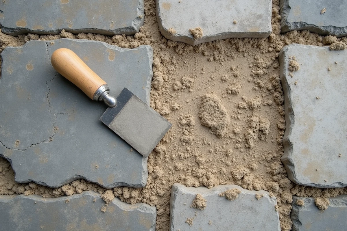 Gros plan sur le jointoiement de pierres en granit avec un mélange ciment sable et une truelle