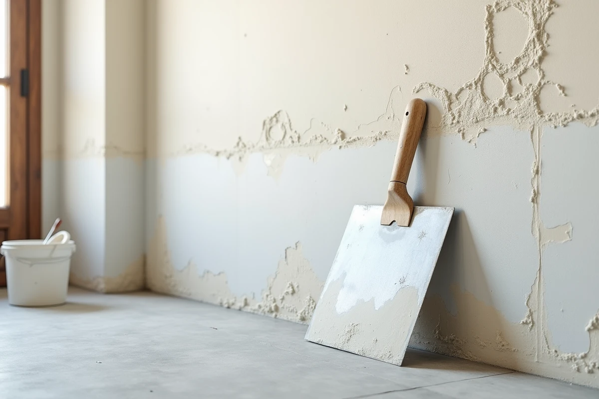 Gros plan sur une surface de mur en plâtre en cours de lissage avec une spatule large et enduit frais