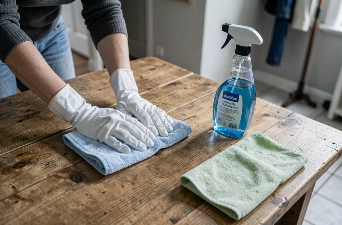 Gros plan sur les mains gantées d'une aide-ménagère polissant une table en bois avec des produits d'entretien dans un foyer de l'Essonne