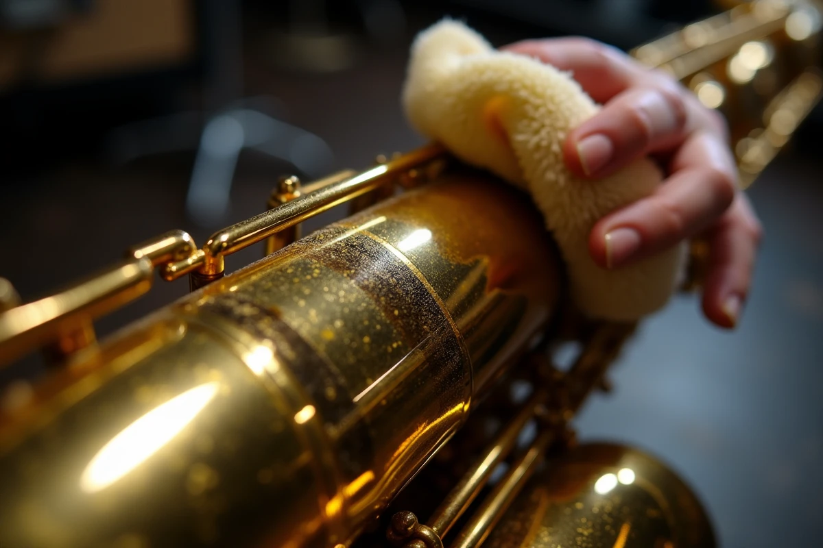 Gros plan sur le corps en laiton d'un saxophone en cours de polissage avec une peau de chamois révélant un éclat brillant