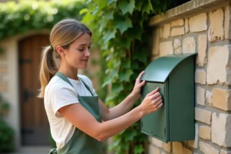 Femme appliquant un revêtement adhésif sur une boîte aux lettres en métal fixée à un mur en pierre dans un jardin