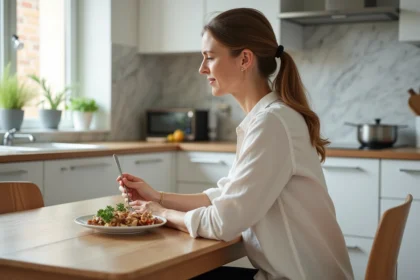Femme assise à une table à manger en chêne massif avec hauteur ergonomique dans une cuisine scandinave moderne