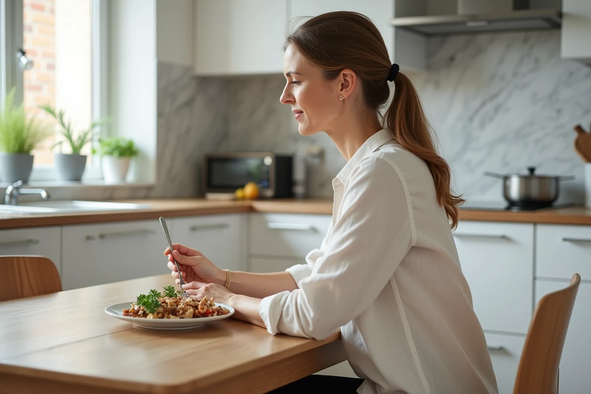Femme assise à une table à manger en chêne massif avec hauteur ergonomique dans une cuisine scandinave moderne