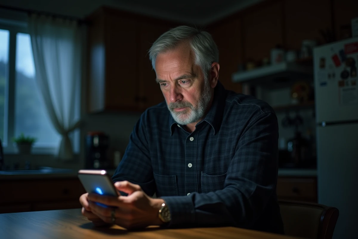 Homme consultant une notification d'alerte intrusion sur son téléphone depuis l'application de télésurveillance