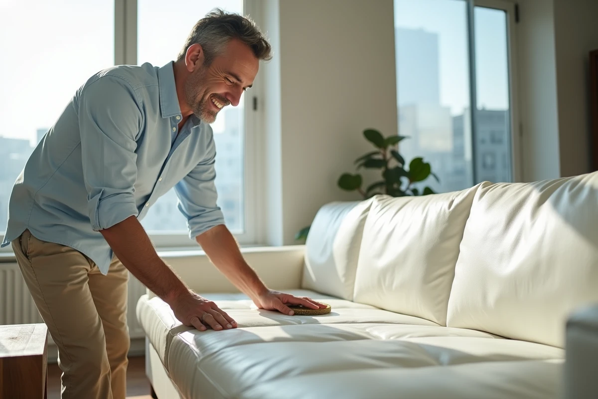 Homme appliquant une crème protectrice sur un canapé en cuir blanc