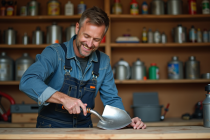 Homme en salopette appliquant de l'huile sur une pelle en acier