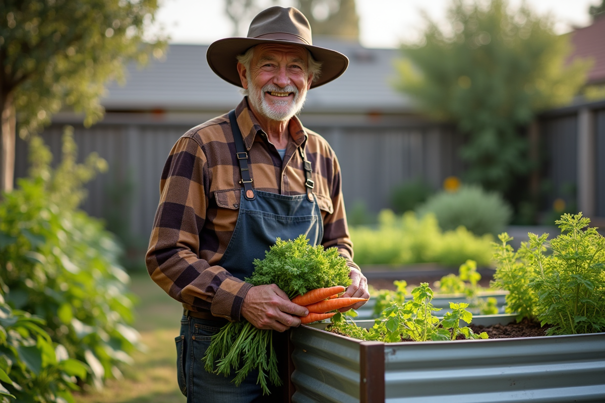Homme âgé tenant des carottes dans un jardin en permaculture