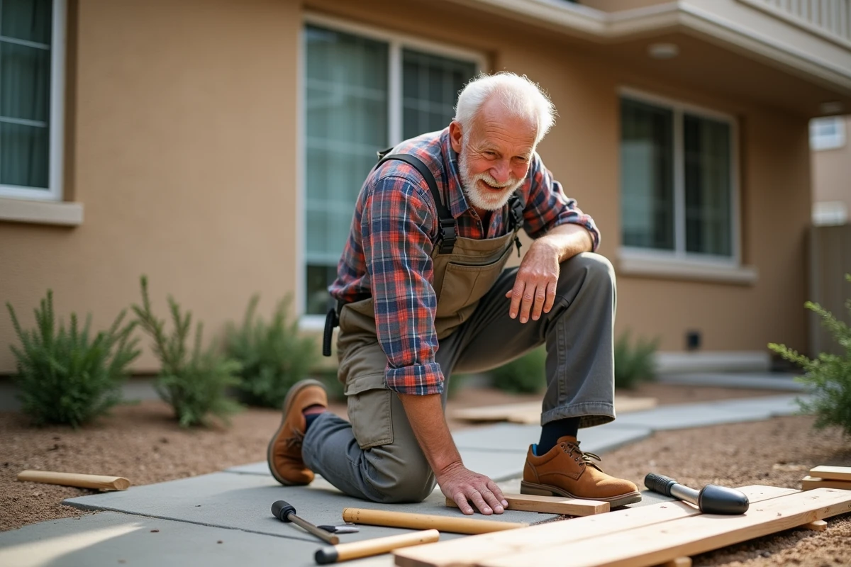 Homme âgé assemblant mobilier extérieur dans le jardin