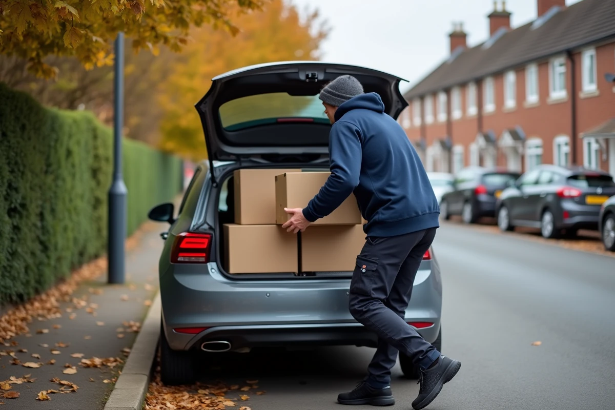 Homme chargeant des cartons récupérés gratuitement dans le coffre de sa voiture dans une rue résidentielle