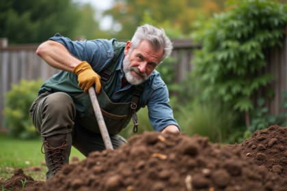 Homme d'âge moyen manipulant compost dans le jardin