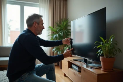 Homme connectant un câble coaxial à une télévision moderne dans un salon