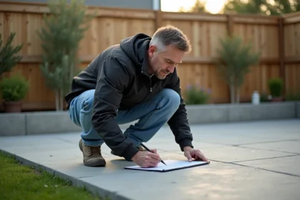 Homme mesurant une terrasse en béton en extérieur