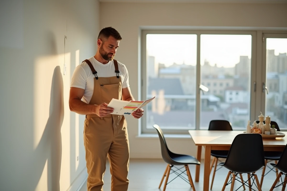 Homme inspectant un nuancier de couleurs près d’un mur peint