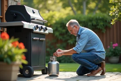 Homme d'âge moyen connectant une bouteille de gaz au barbecue