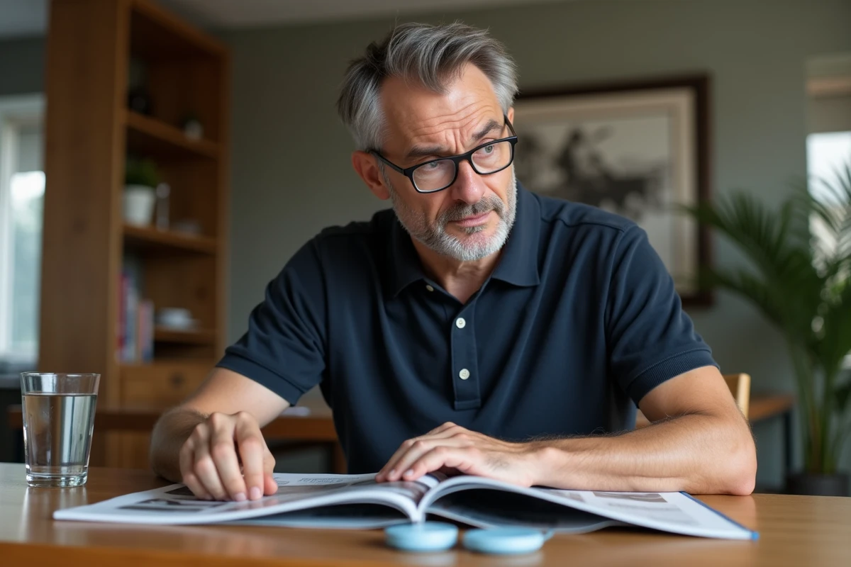 Homme lisant un magazine consommateur avec un aimant anti-calcaire posé sur la table, air sceptique