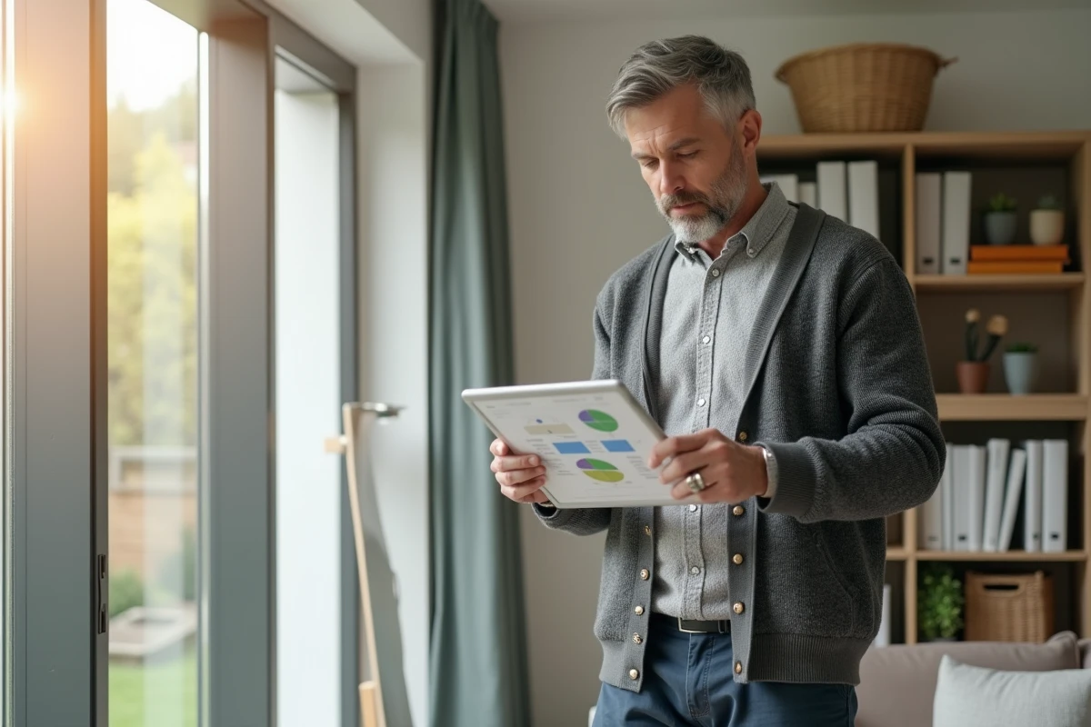 Homme en cardigan consulte un tableau de renovation dans le salon