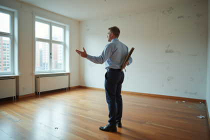 Homme d'âge moyen dans un appartement vide en déménagement