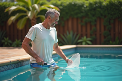Homme d'âge moyen nettoyant la surface de la piscine