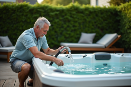 Homme d'âge moyen remplissant un spa extérieur avec un tuyau