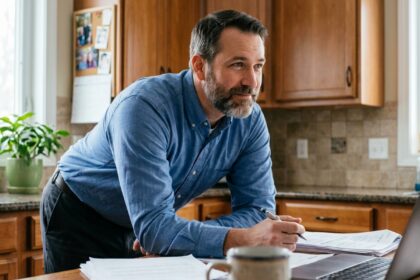 Homme d'affaires dans une cuisine moderne et chaleureuse