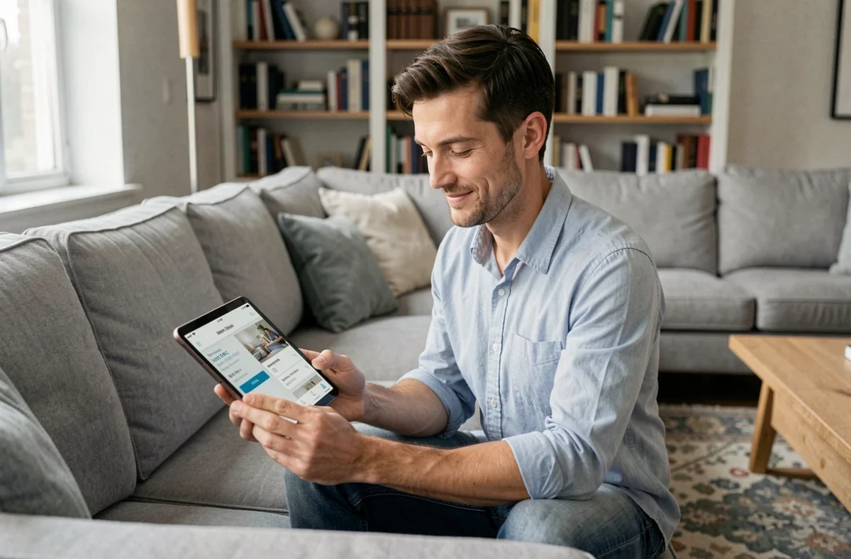 Homme utilisant une tablette pour réserver facilement un service de ménage à domicile via une application