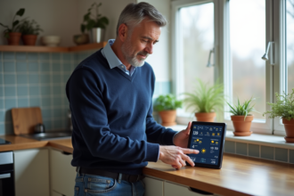 Homme examinant un thermostat connecté dans la cuisine