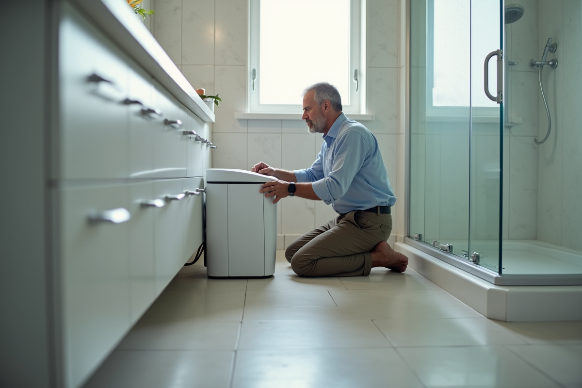 Homme vérifiant le déshumidificateur dans la salle de bain