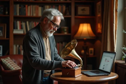 Homme d'âge moyen inspectant un gramophone vintage dans un salon chaleureux