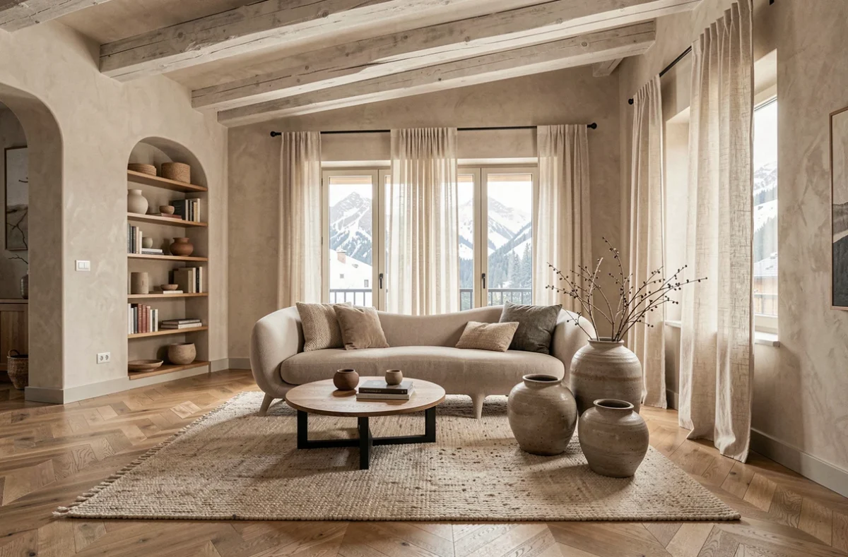 Salon réaménagé par Huitième Jour avec mobilier contemporain et finitions artisanales soignées