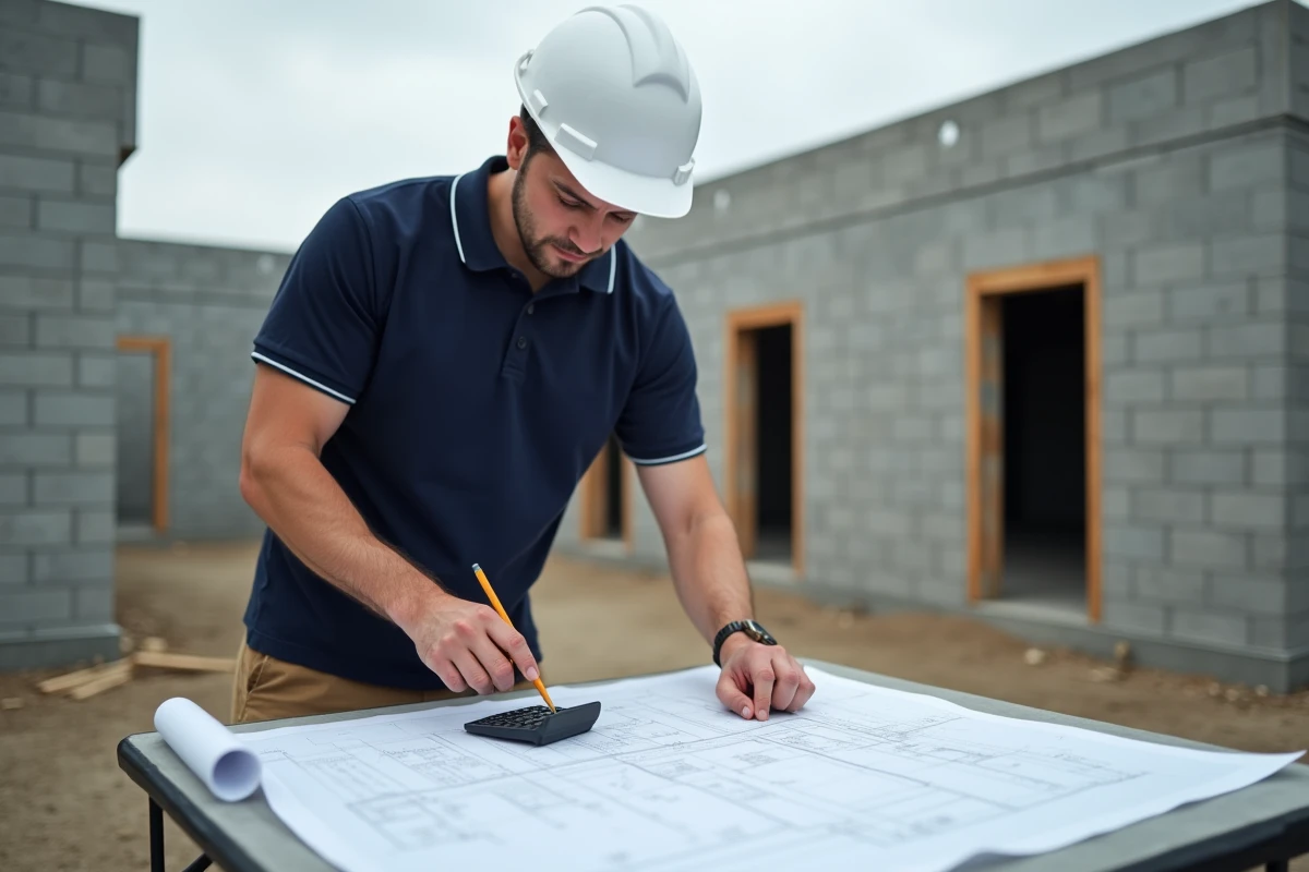 Ingénieur calculant le volume de béton en m3 pour une dalle de garage sur un chantier de construction