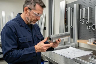 Ingénieur industriel inspectant une section de tube en aluminium en atelier de fabrication métallique