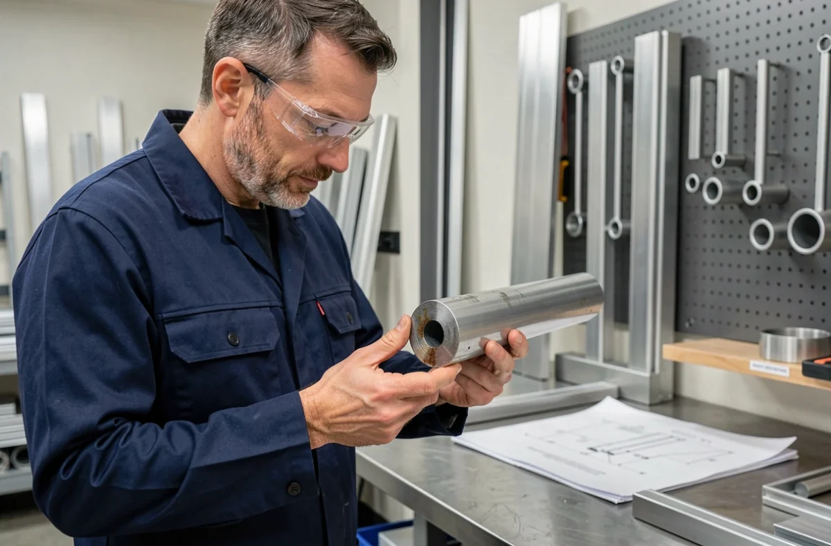 Ingénieur industriel inspectant une section de tube en aluminium en atelier de fabrication métallique