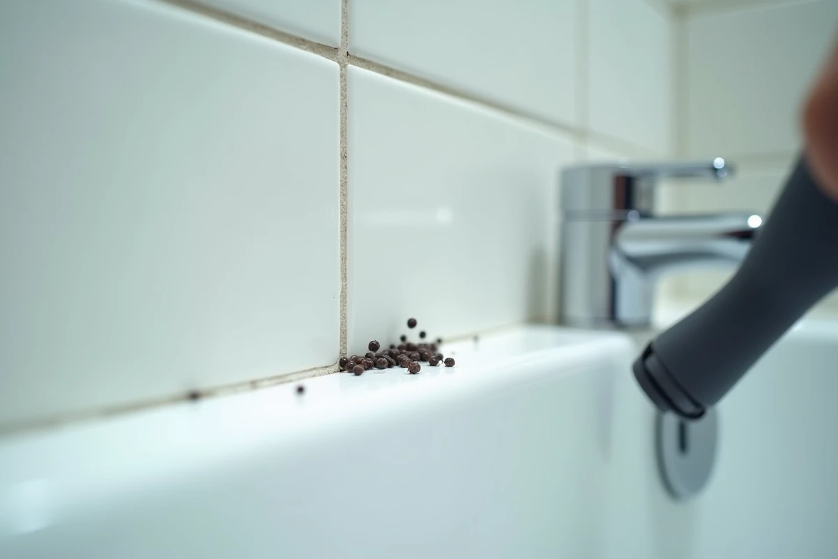 Petits insectes noirs ronds près du joint de baignoire dans une salle de bain avec un aspirateur portatif