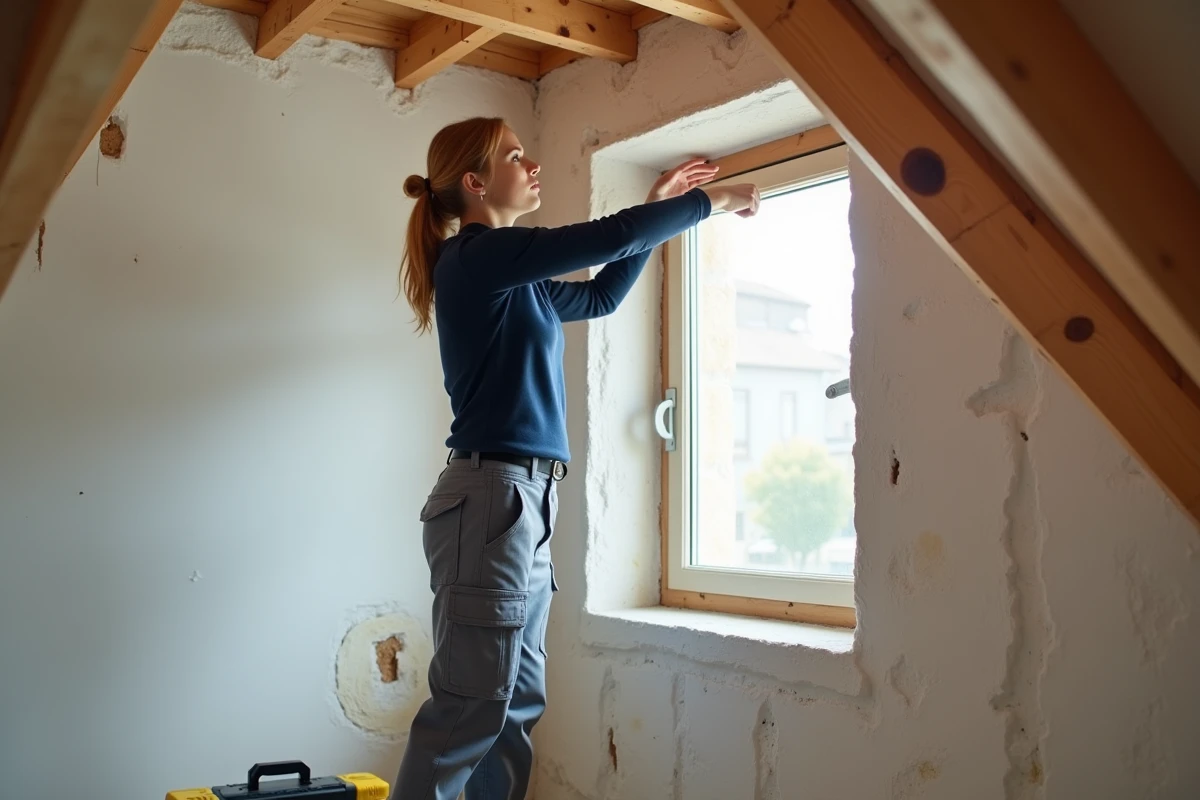 Jeune femme inspectant une fenêtre de grenier intérieure