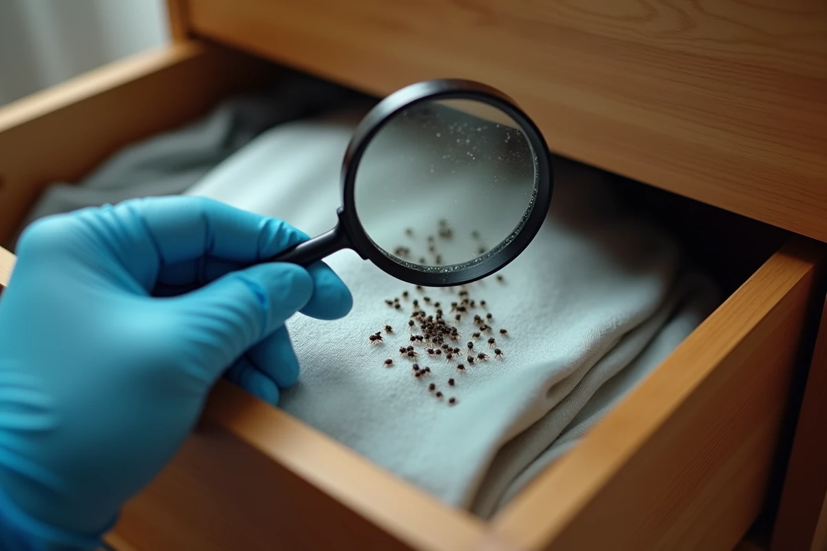 Main gantée tenant une loupe au-dessus d'insectes noirs ronds découverts dans un tiroir de chambre à coucher