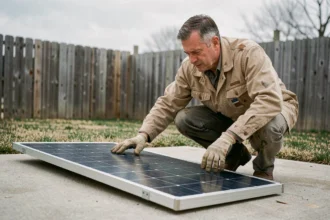 Homme inspectant un panneau solaire d'occasion posé sur une allée en béton dans un jardin résidentiel