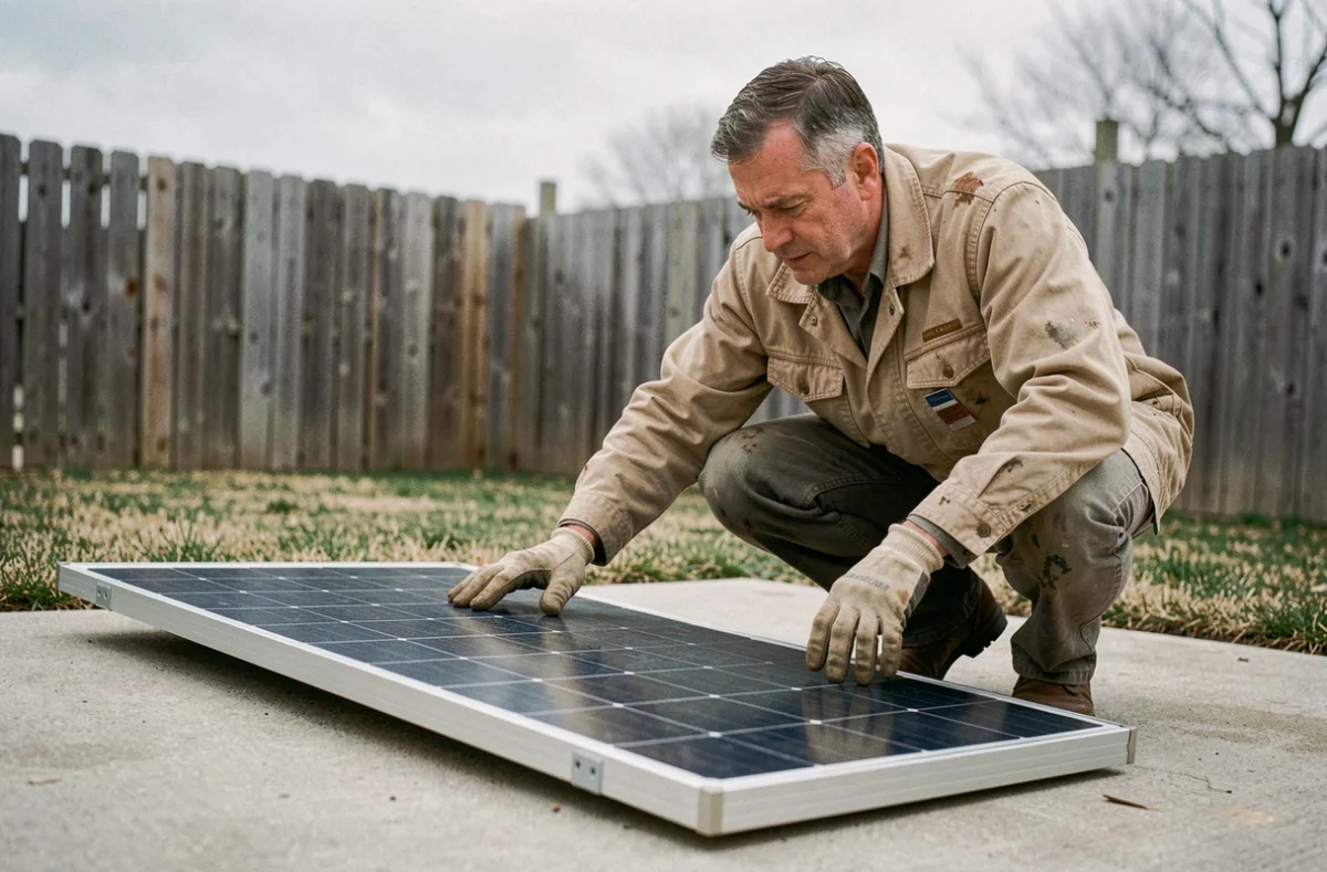 Homme inspectant un panneau solaire d'occasion posé sur une allée en béton dans un jardin résidentiel