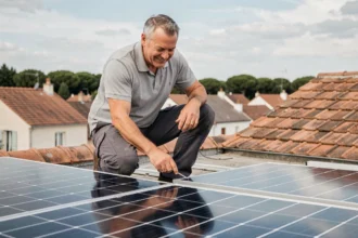 Installateur de panneaux solaires sur un toit résidentiel en France inspectant une installation photovoltaïque