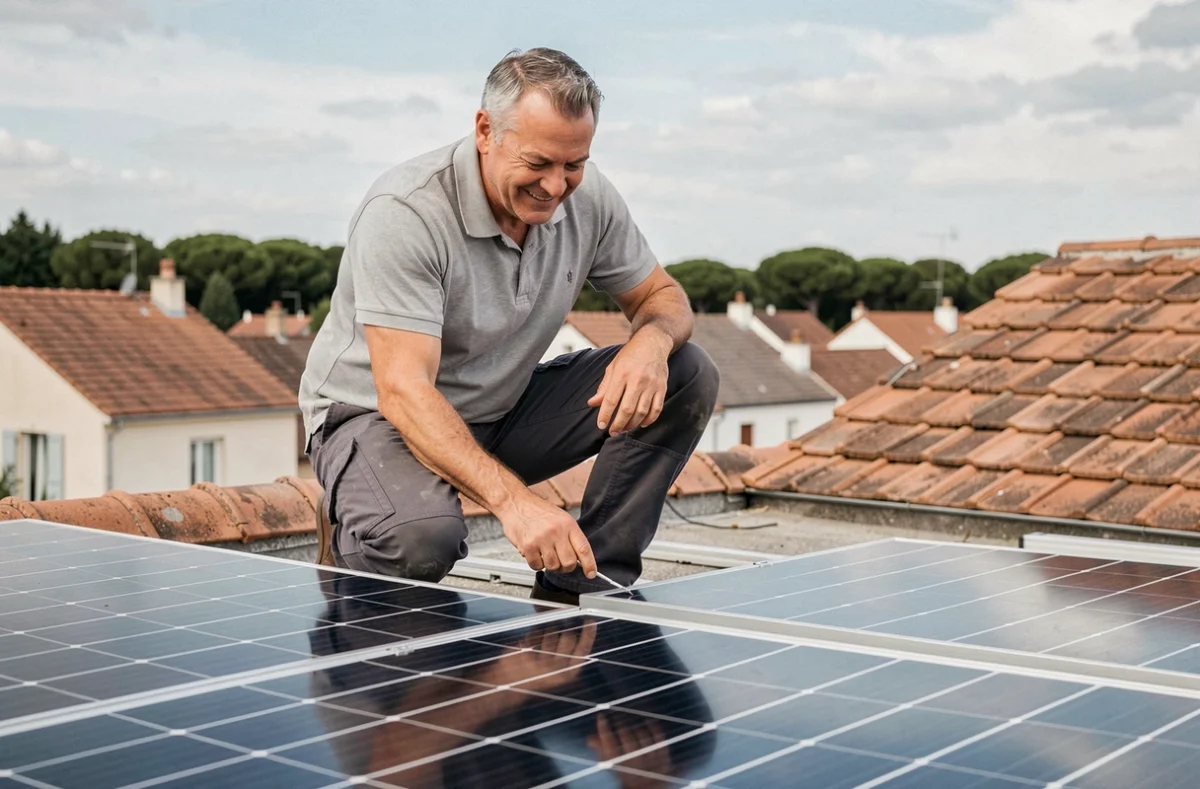 Installateur de panneaux solaires sur un toit résidentiel en France inspectant une installation photovoltaïque