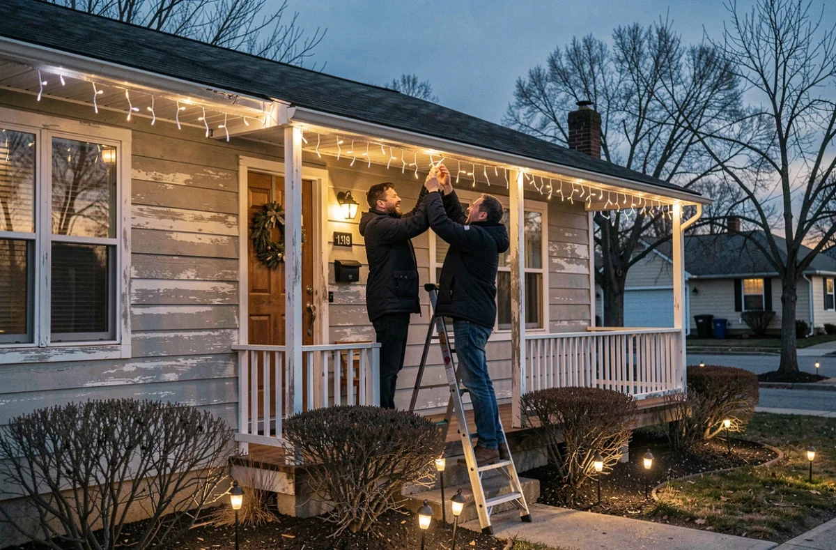 Couple installant des guirlandes lumineuses LED blanches bon marché sur la façade et le porche de leur maison de banlieue pour les fêtes de Noël