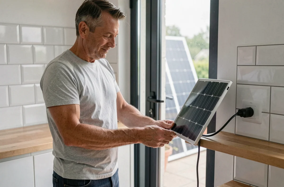Homme branchant un panneau solaire plug and play sur une prise électrique murale dans une cuisine moderne