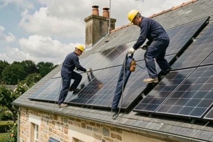 Installateurs de panneaux solaires sur le toit d'une maison en pierre à Angers