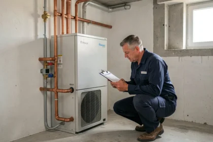Technicien installant une pompe à chaleur Viessmann Vitocal 222s dans une chaufferie résidentielle moderne