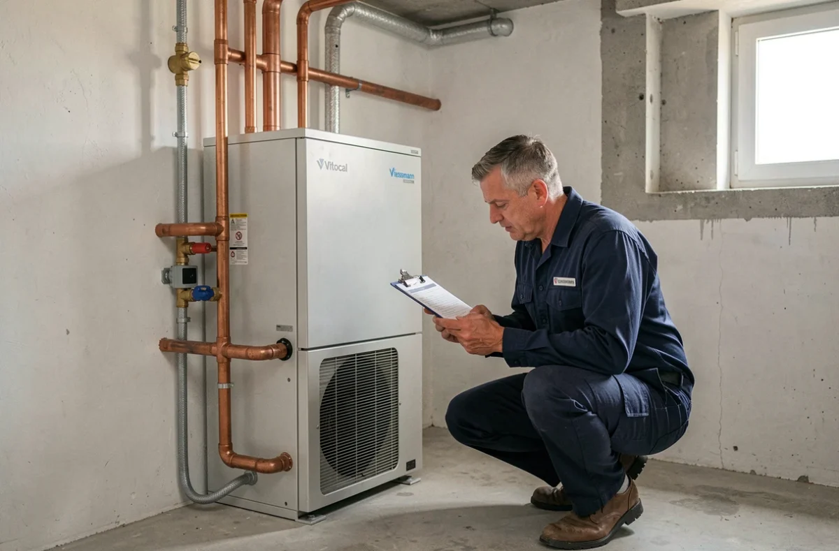 Technicien installant une pompe à chaleur Viessmann Vitocal 222s dans une chaufferie résidentielle moderne