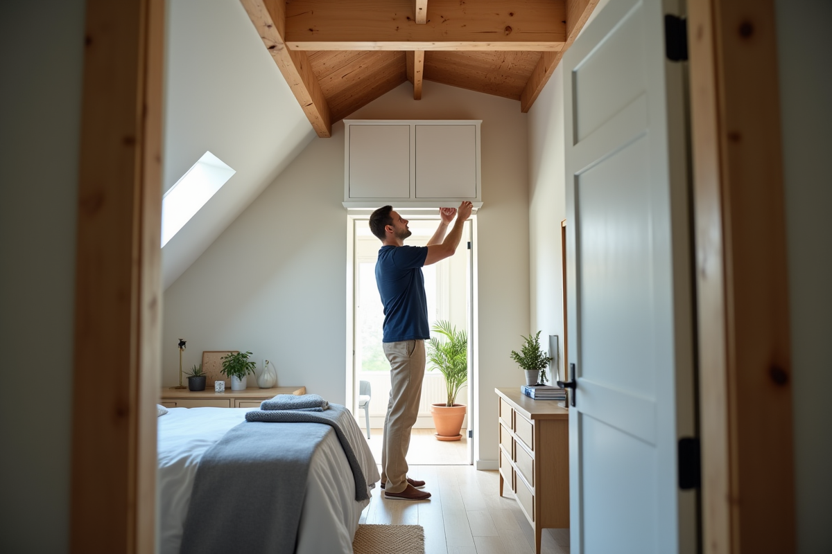 Homme installant rangements modulaires dans une chambre