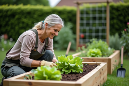 Femme jardinant près d'un lit surélevé en permaculture