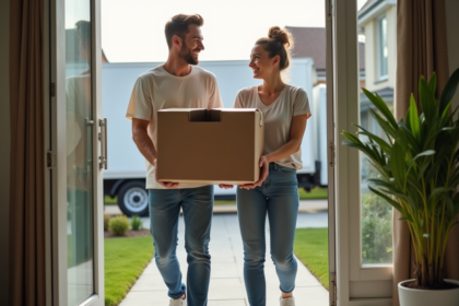 Jeune couple souriant portant une caisse de déménagement devant une maison