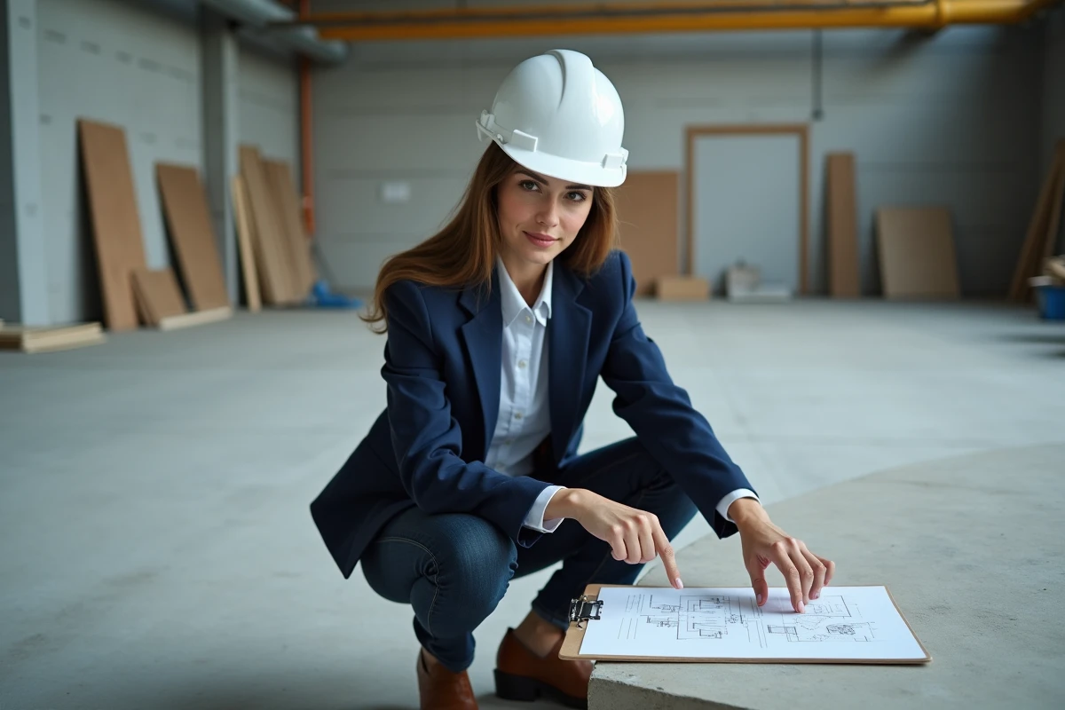 Jeune femme ingénieur civil pointant un diagramme dans un entrepôt