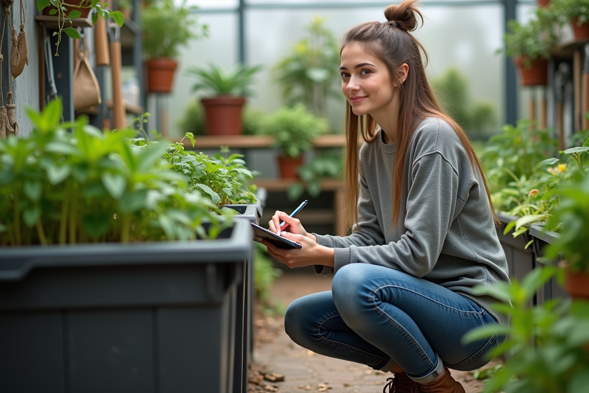 Jeune femme observant compost dans serre intérieure